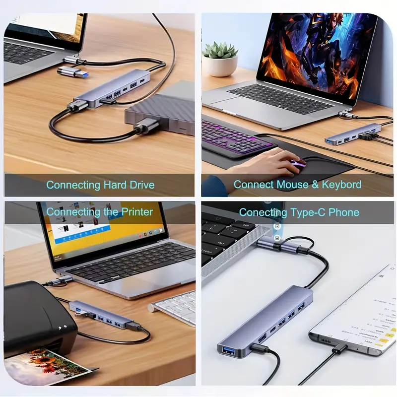 7-in-1 Aluminum USB-C Hub Adapter - 1 USB 3.0, 4 USB 2.0, 2 USB-C Ports Splitter - Image 4