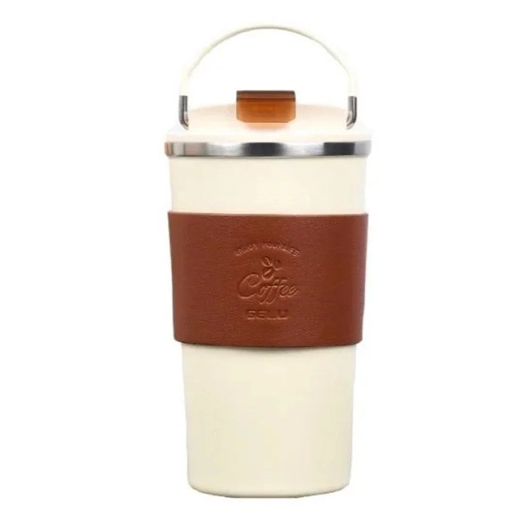 GELU Ceramic Coffee Cup – 350ml / Off-white / 304 Stainless Steel Thermos Cup in High-End Exquisite Leather