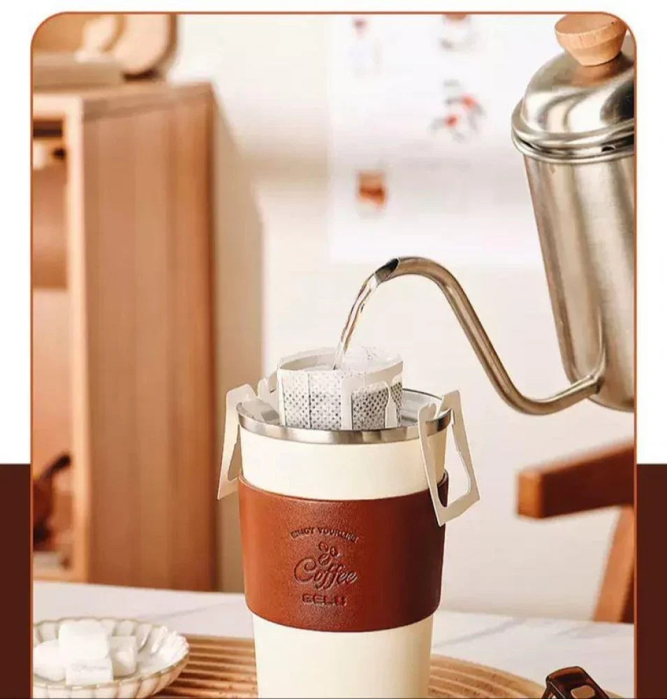 GELU Ceramic Coffee Cup – 350ml / Off-white / 304 Stainless Steel Thermos Cup in High-End Exquisite Leather - Image 4