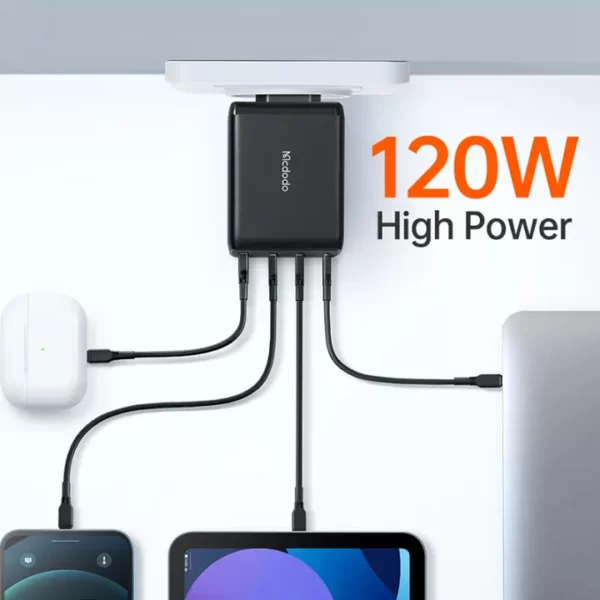 Mcdodo CH-076 GaN 120W PD Four-Port Wall Charger With Cable – USB-C / USB-A / 120W / Black - Image 2