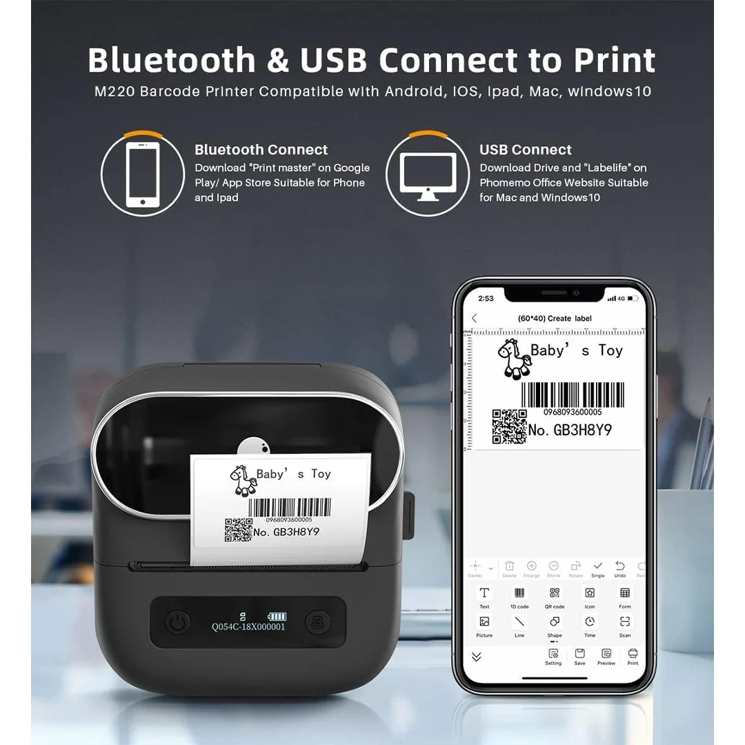 Phomemo M220 Label Maker, Bluetooth Thermal Label Printer with 1 Roll 40 x 30mm - Image 3